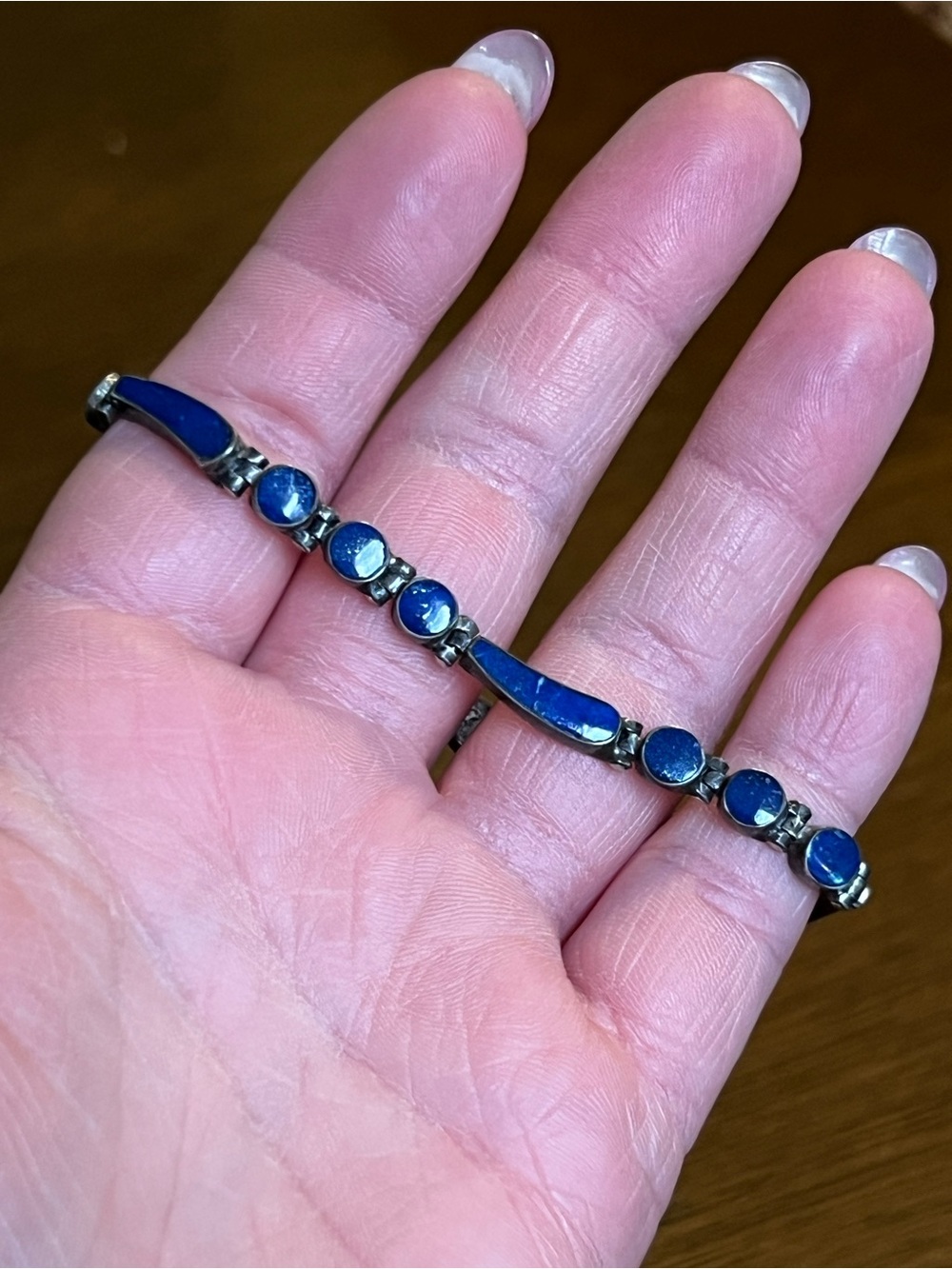Vintage Sterling Silver 925 Lapis Lazuli Cabochon Link Bracelet 7" - 10g